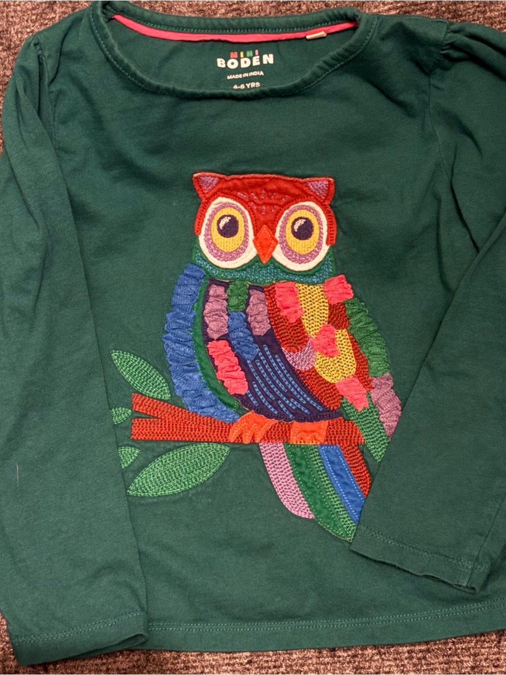 Mini Boden Dark Green Long Sleeve Top with Colorful Owl Appliqué